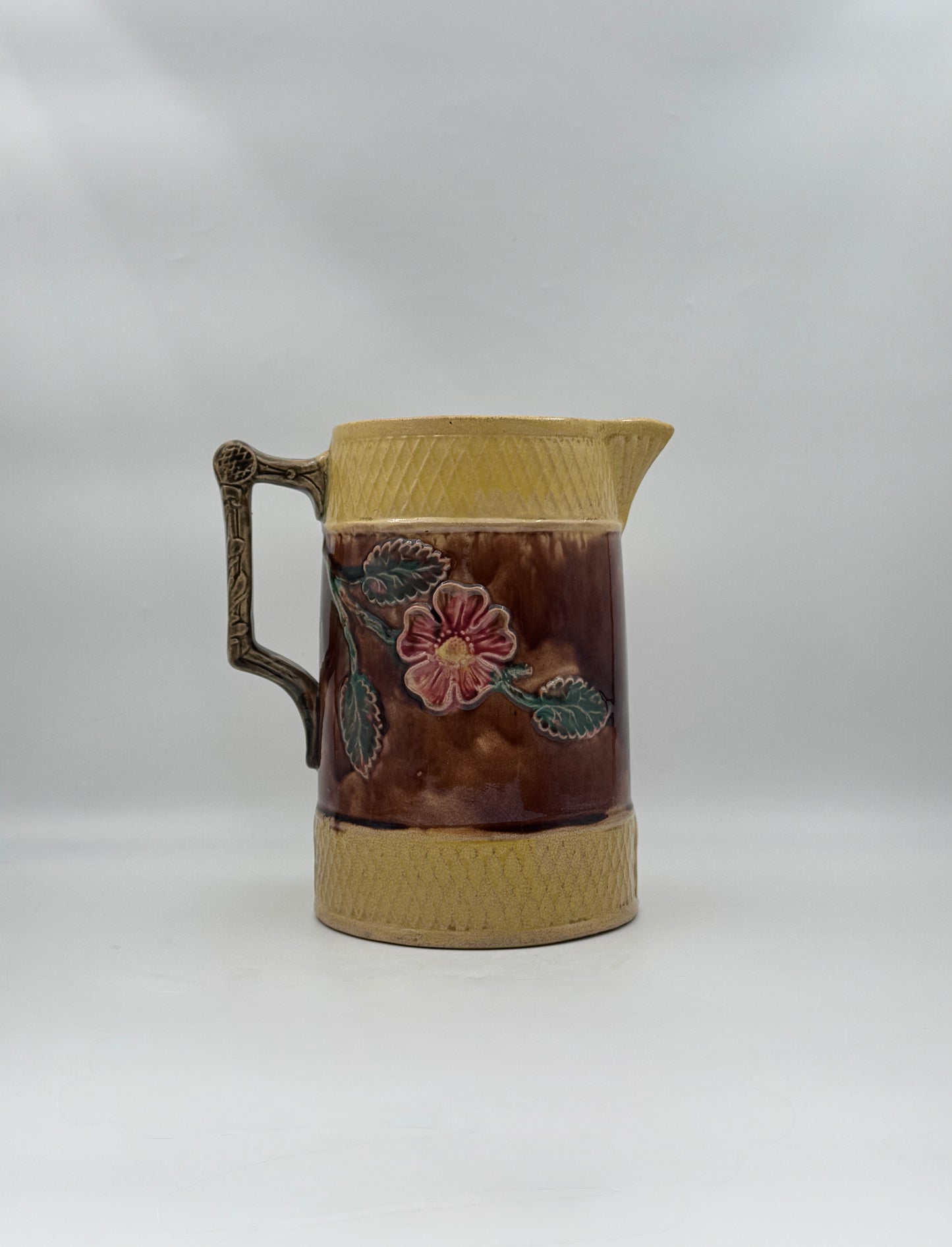 Majolica Pitcher – Brown & Gold with Floral Relief