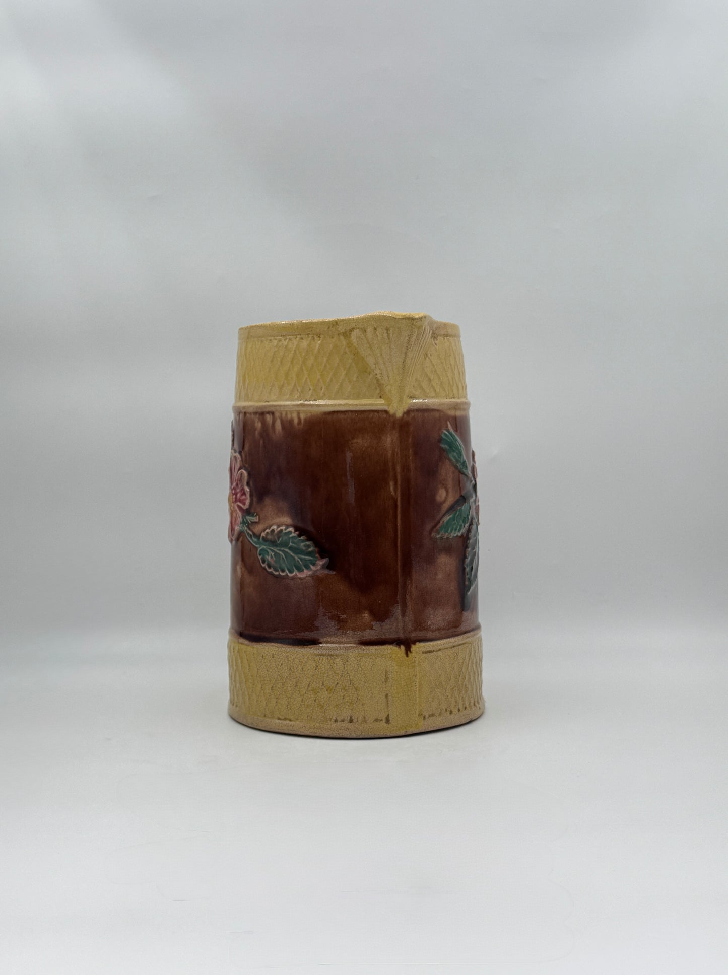 Majolica Pitcher – Brown & Gold with Floral Relief
