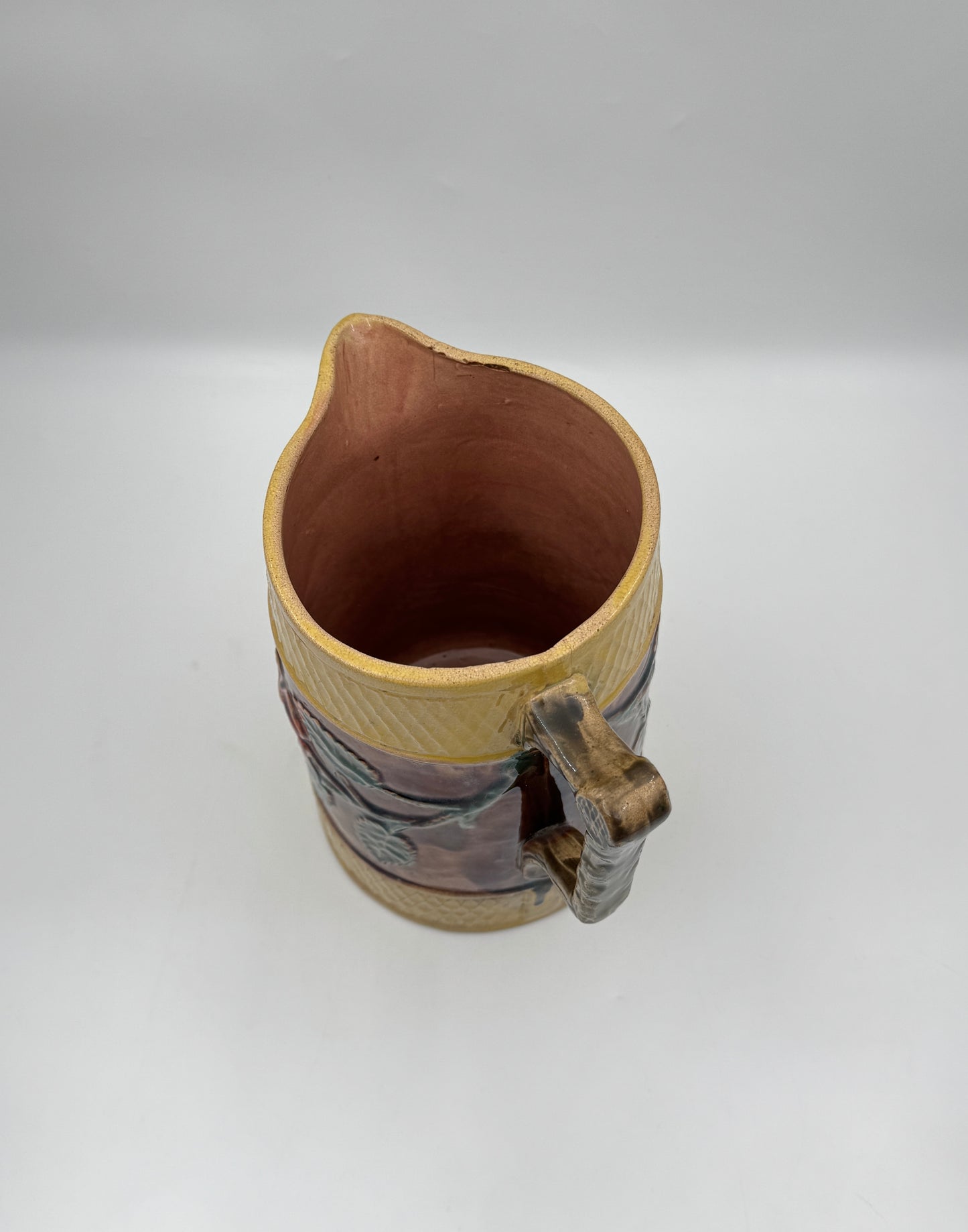 Majolica Pitcher – Brown & Gold with Floral Relief