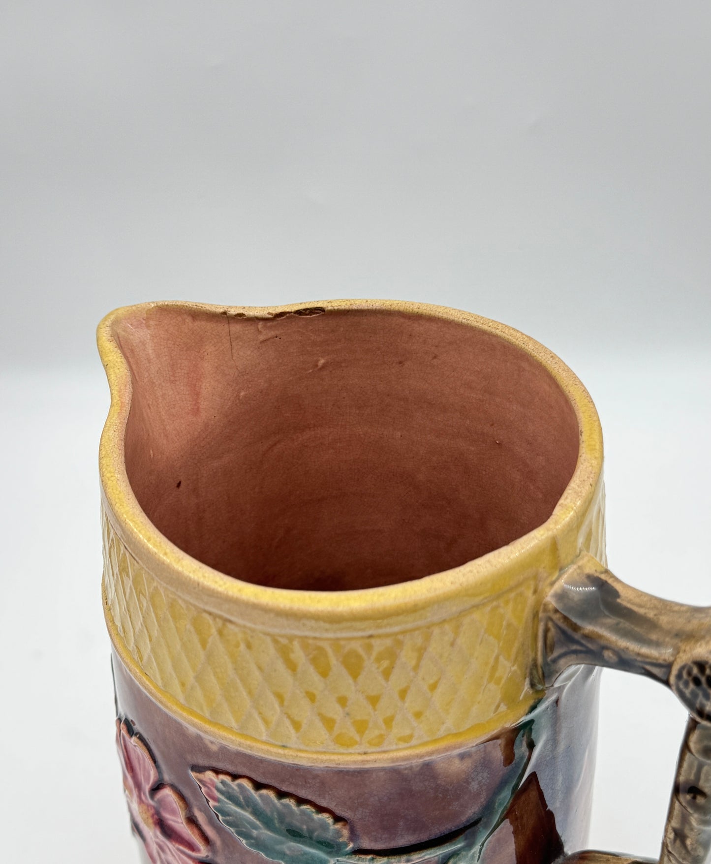 Majolica Pitcher – Brown & Gold with Floral Relief