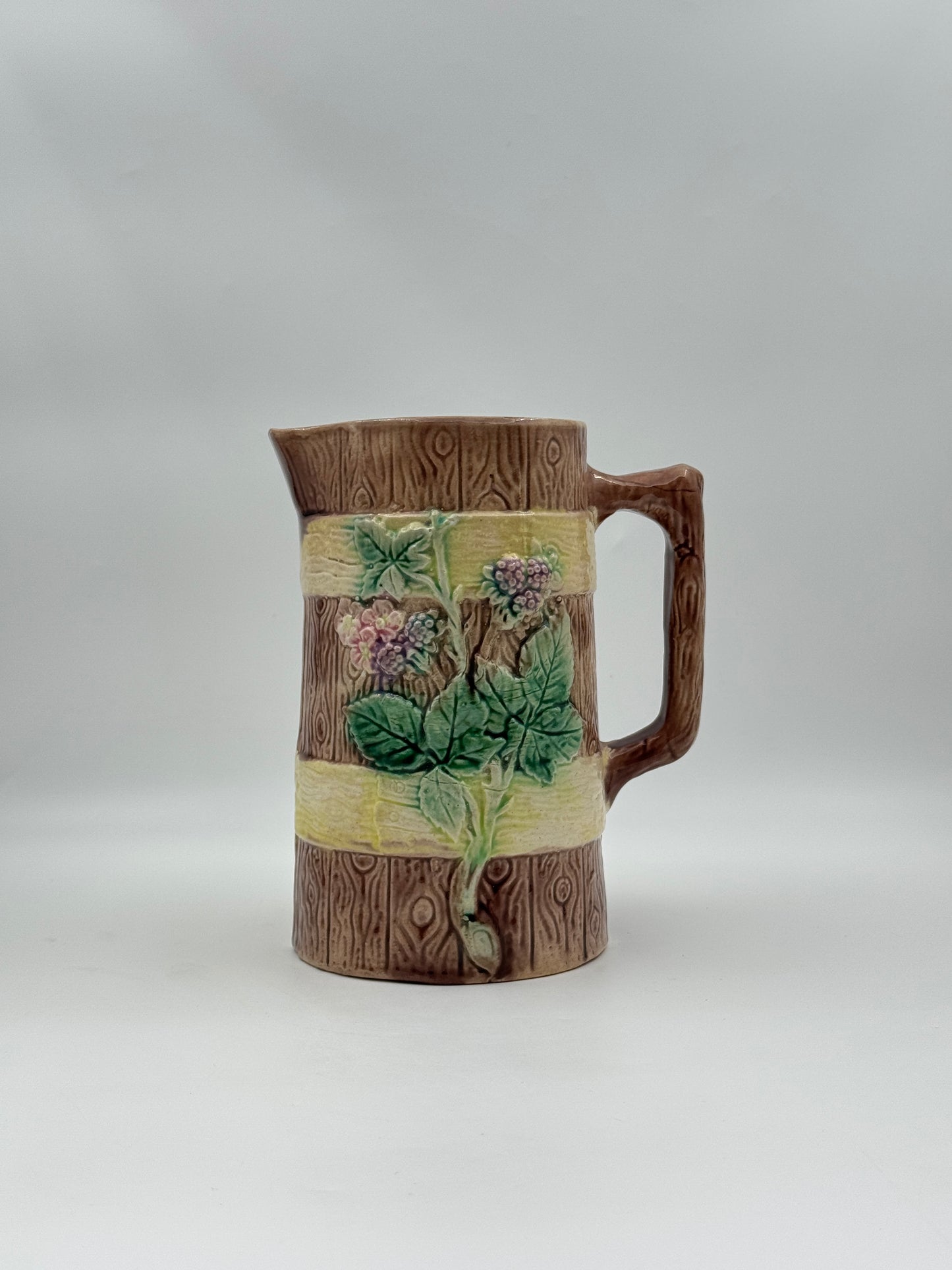 Majolica Pitcher – Bark & Berry Relief Design