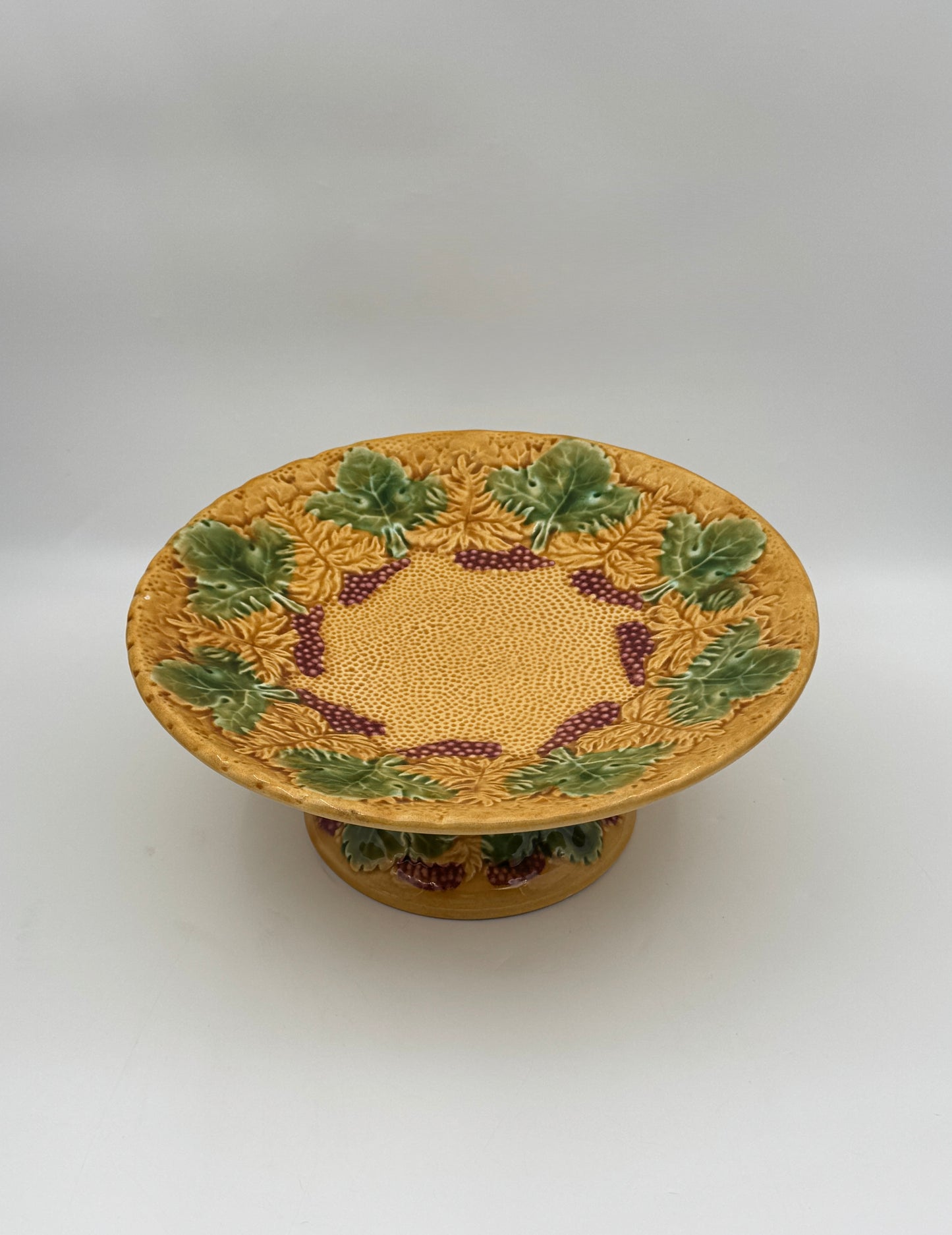 Majolica Pedestal Cake Plate – Golden with Grape & Leaf Relief