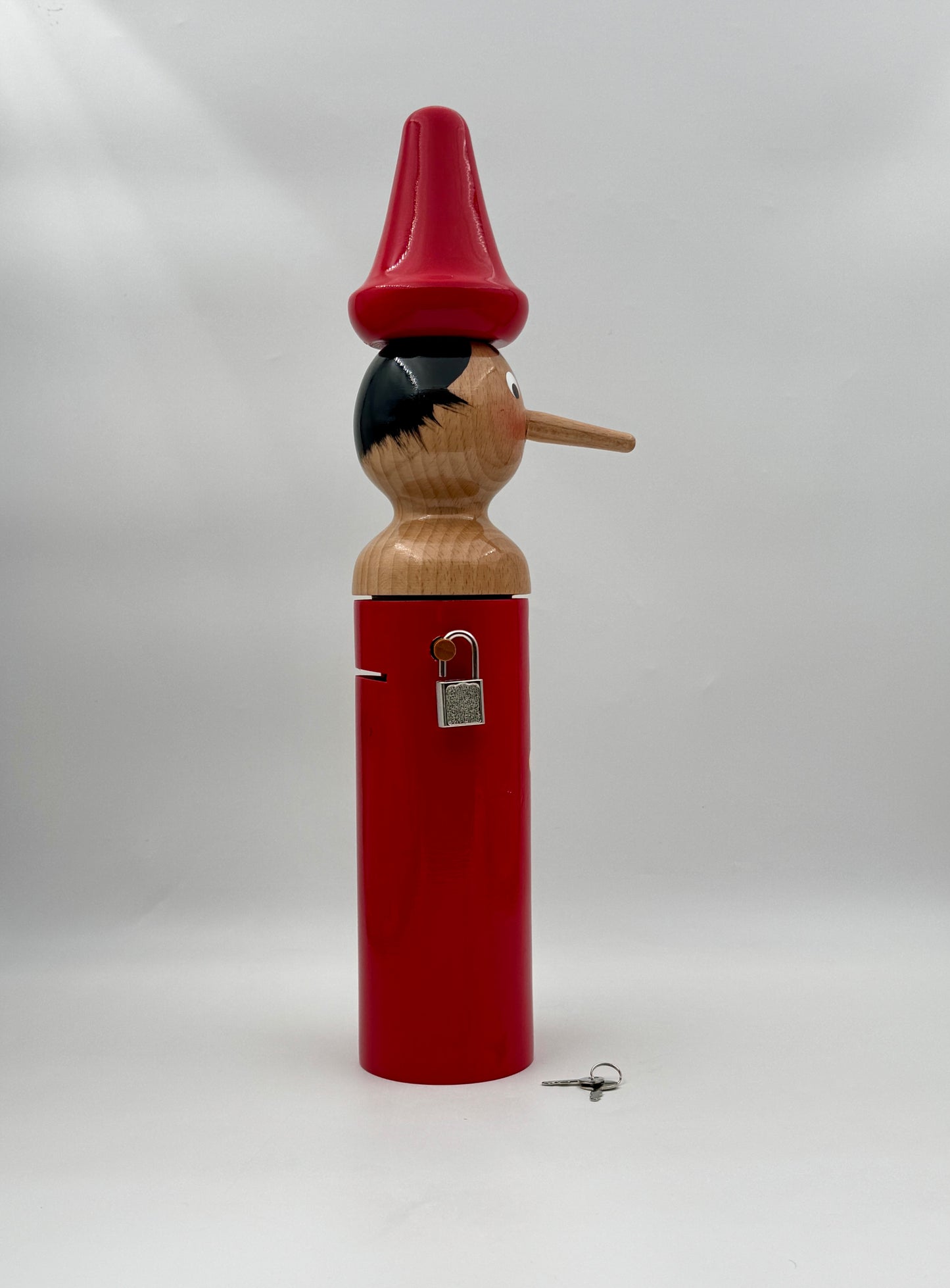 Large Italian Wooden  Pinocchio Coin Bank – With Lock and Key