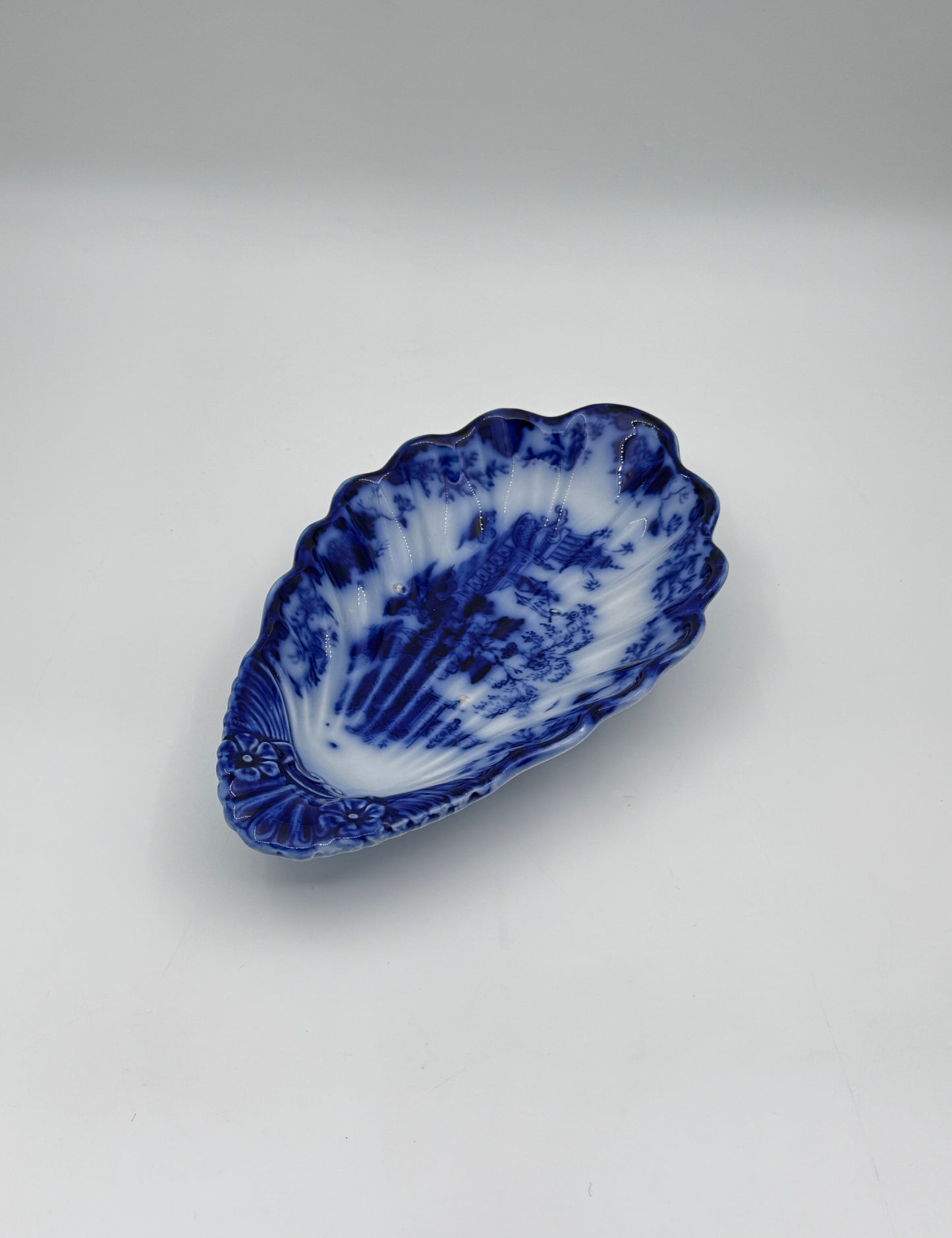 Antique Flow Blue Shell-Shaped Platter – “Scinde” by T & G Allcock, c.1880