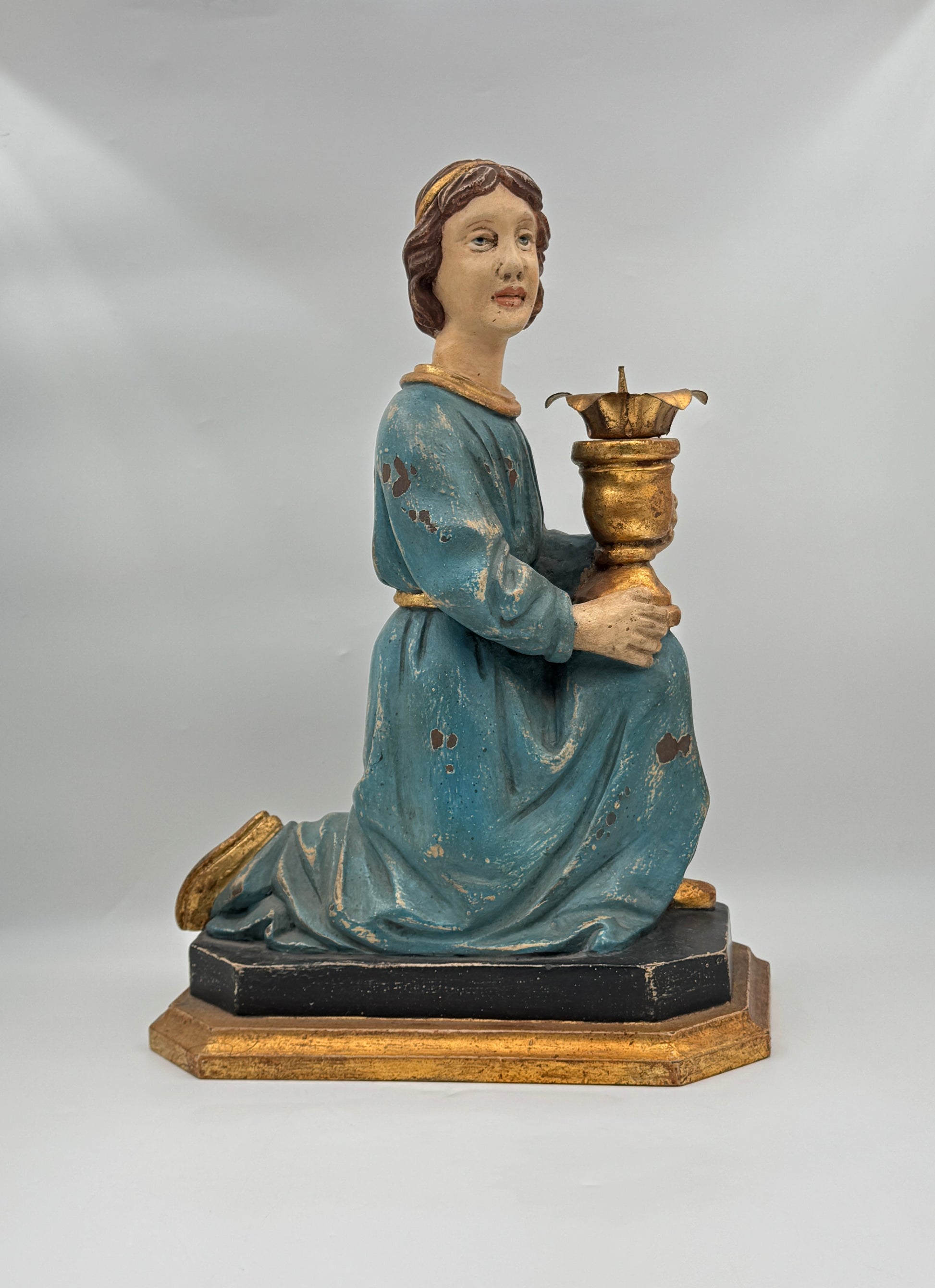 Pair of Hand-Carved Wooden Angel Candle Holders with Gilded Chalices