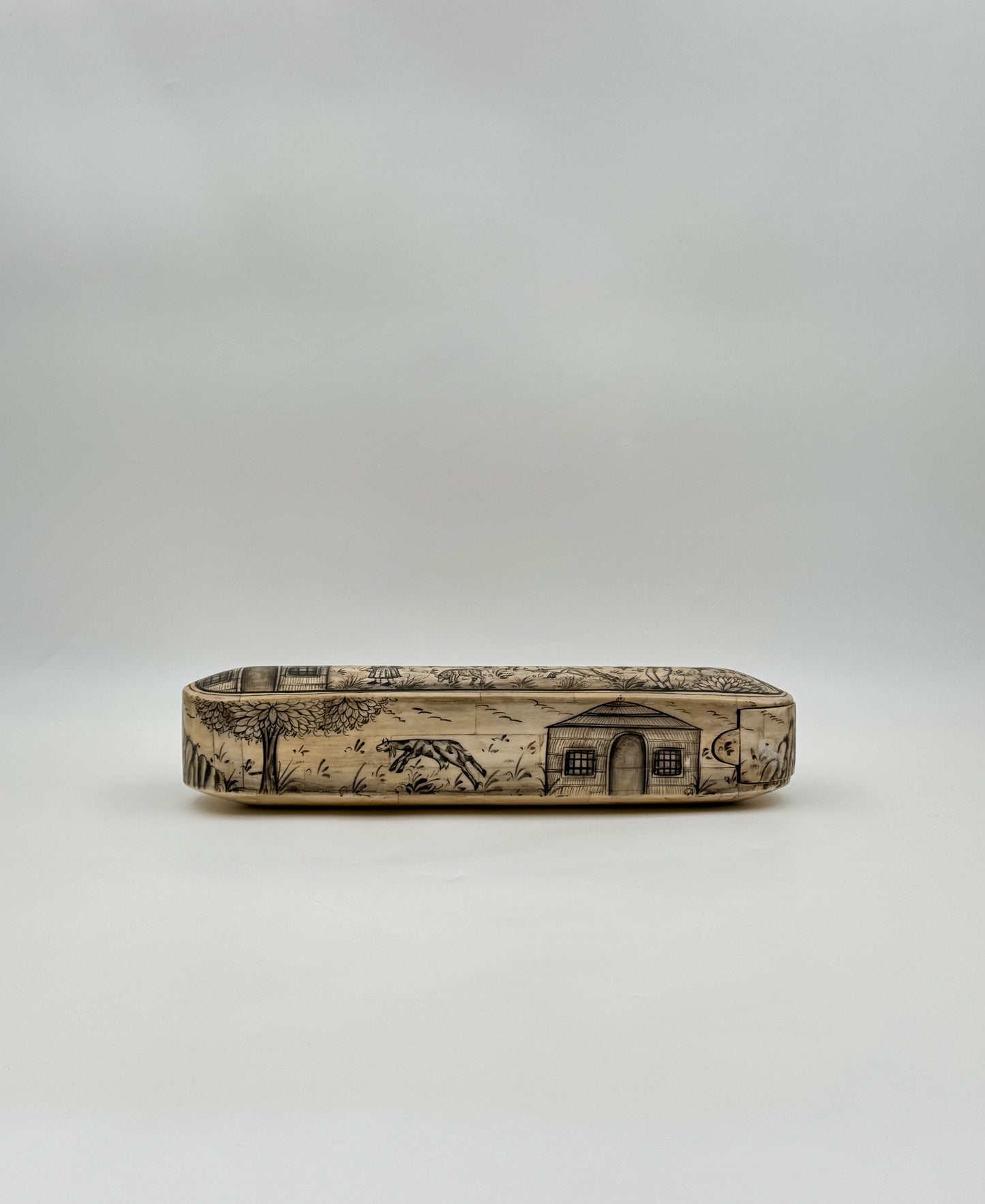 Bone Pencil Box with Village Scenes