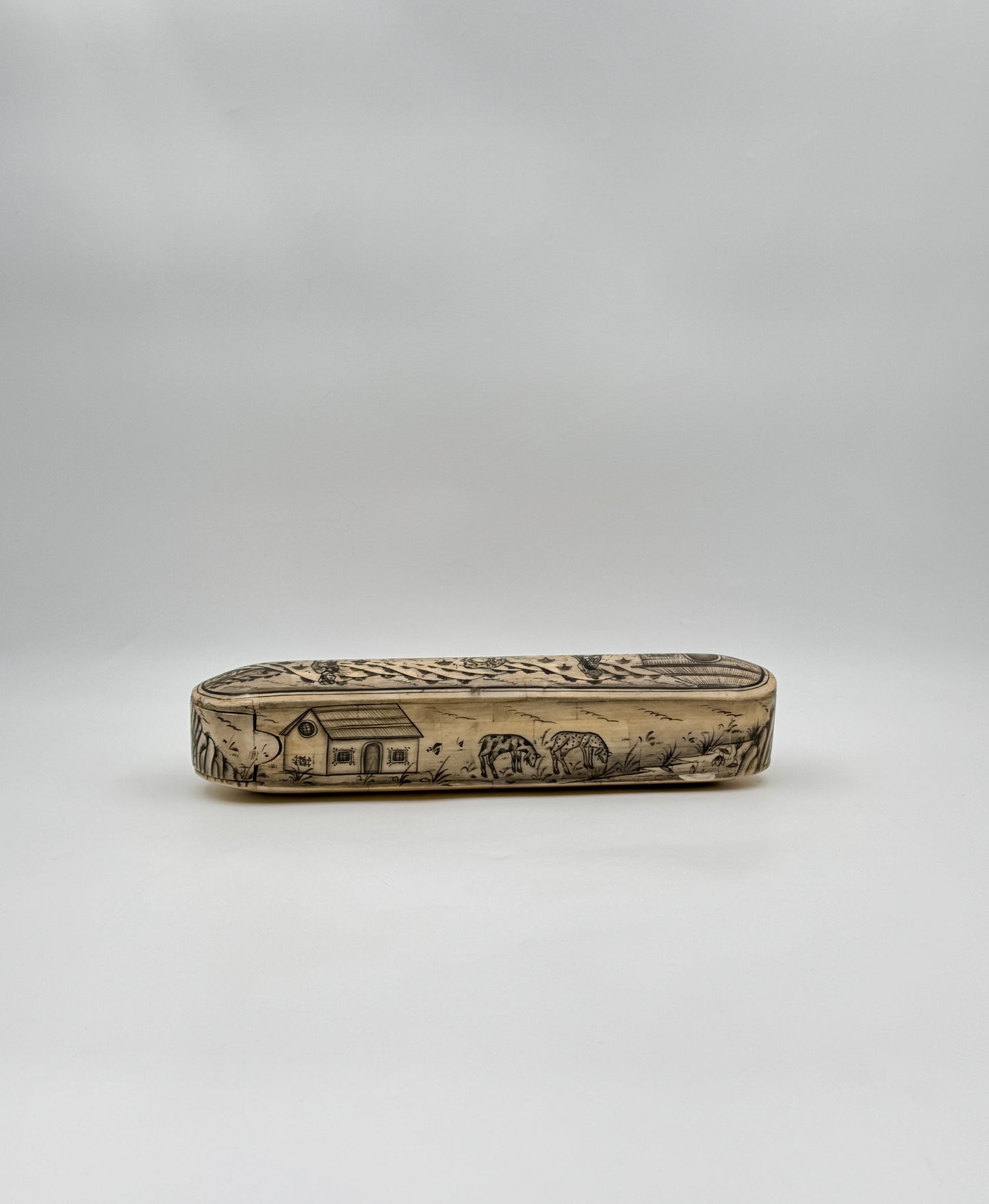 Bone Pencil Box with Village Scenes