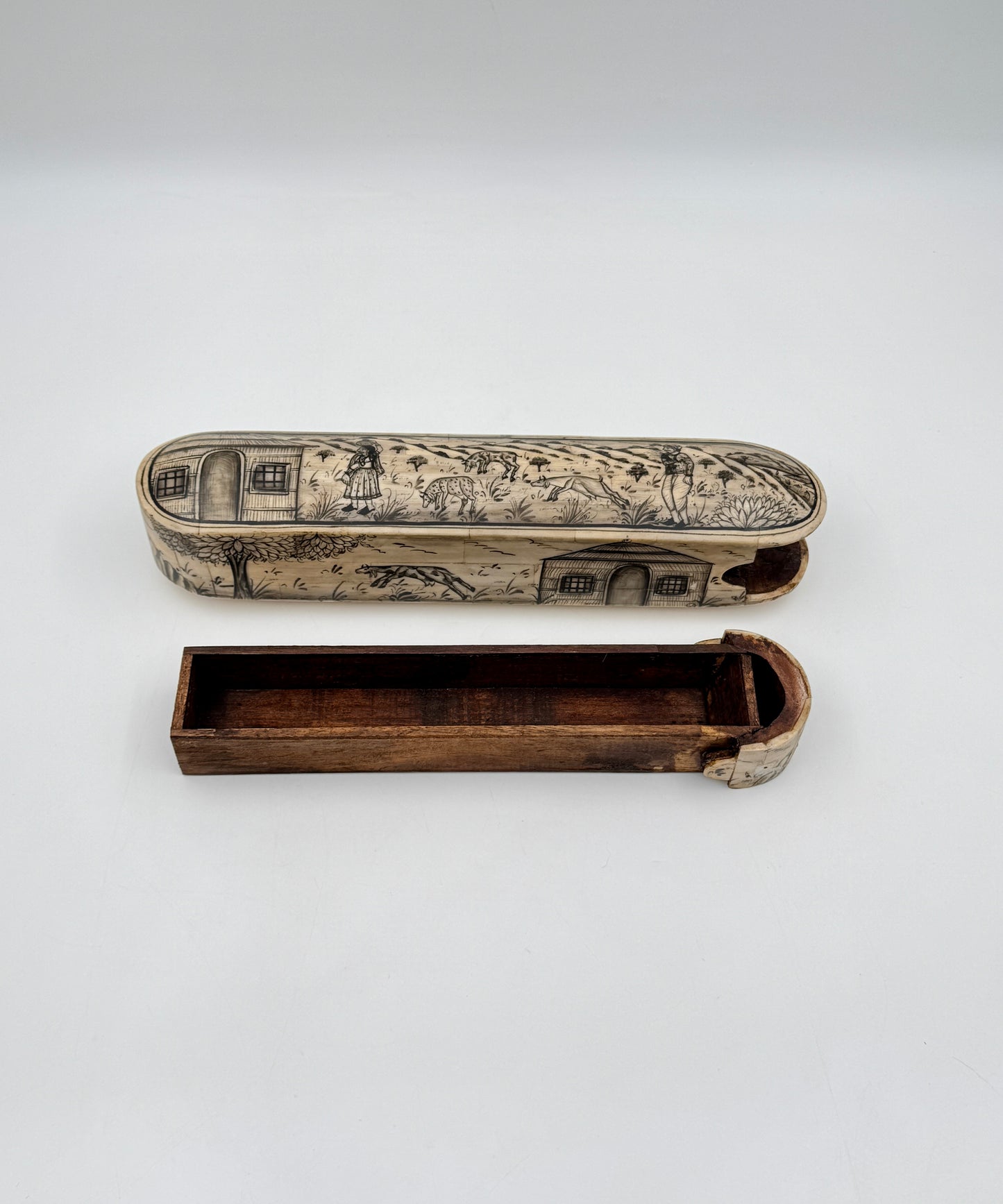 Bone Pencil Box with Village Scenes