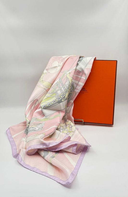 Hermès "Face au Large" Silk Scarf – Soft Pink & Pastel Tones