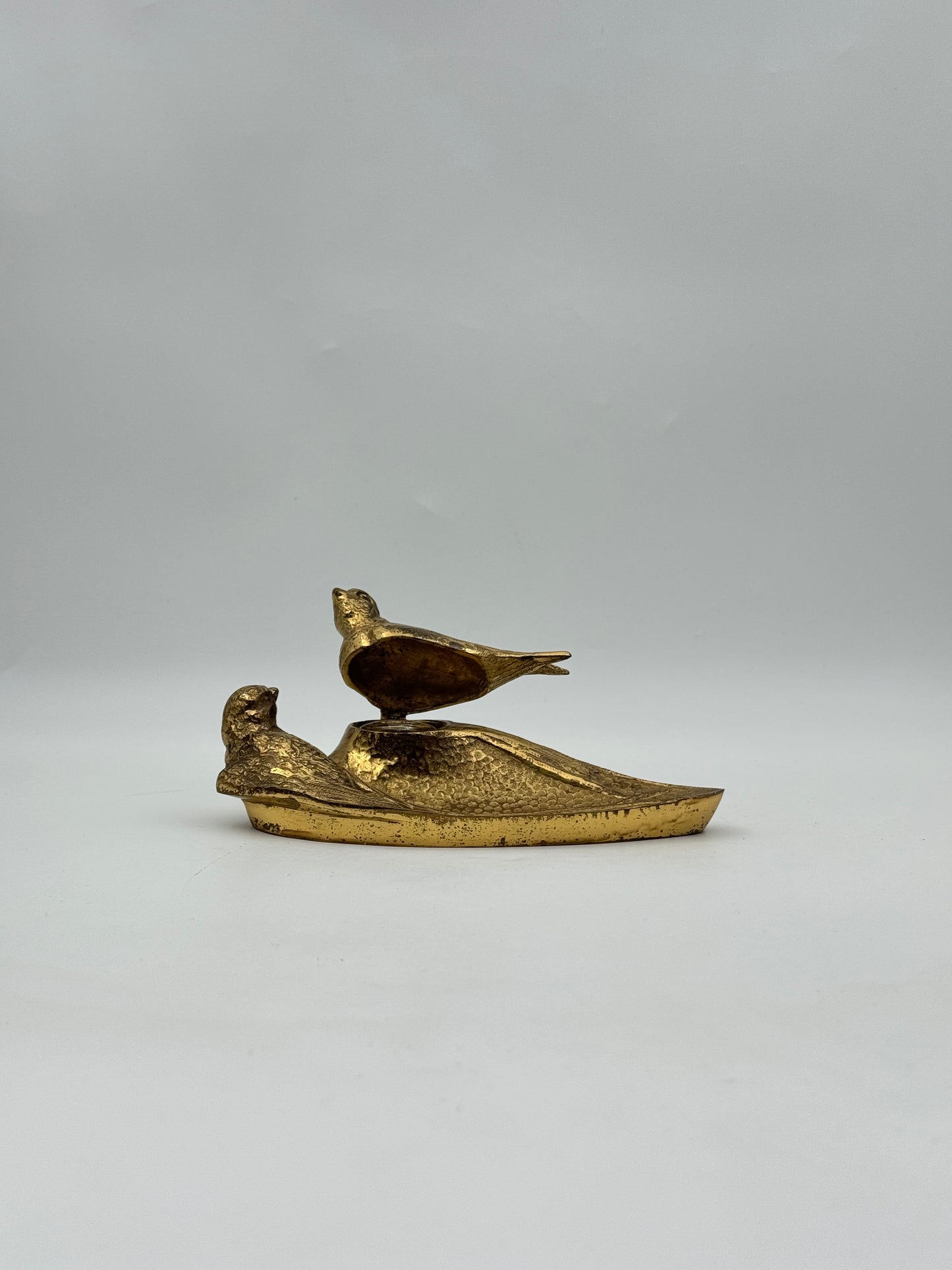 Antique French Art Nouveau Gilt Bronze Inkwell – Pair of Birds on Leaf Base, c.1920s