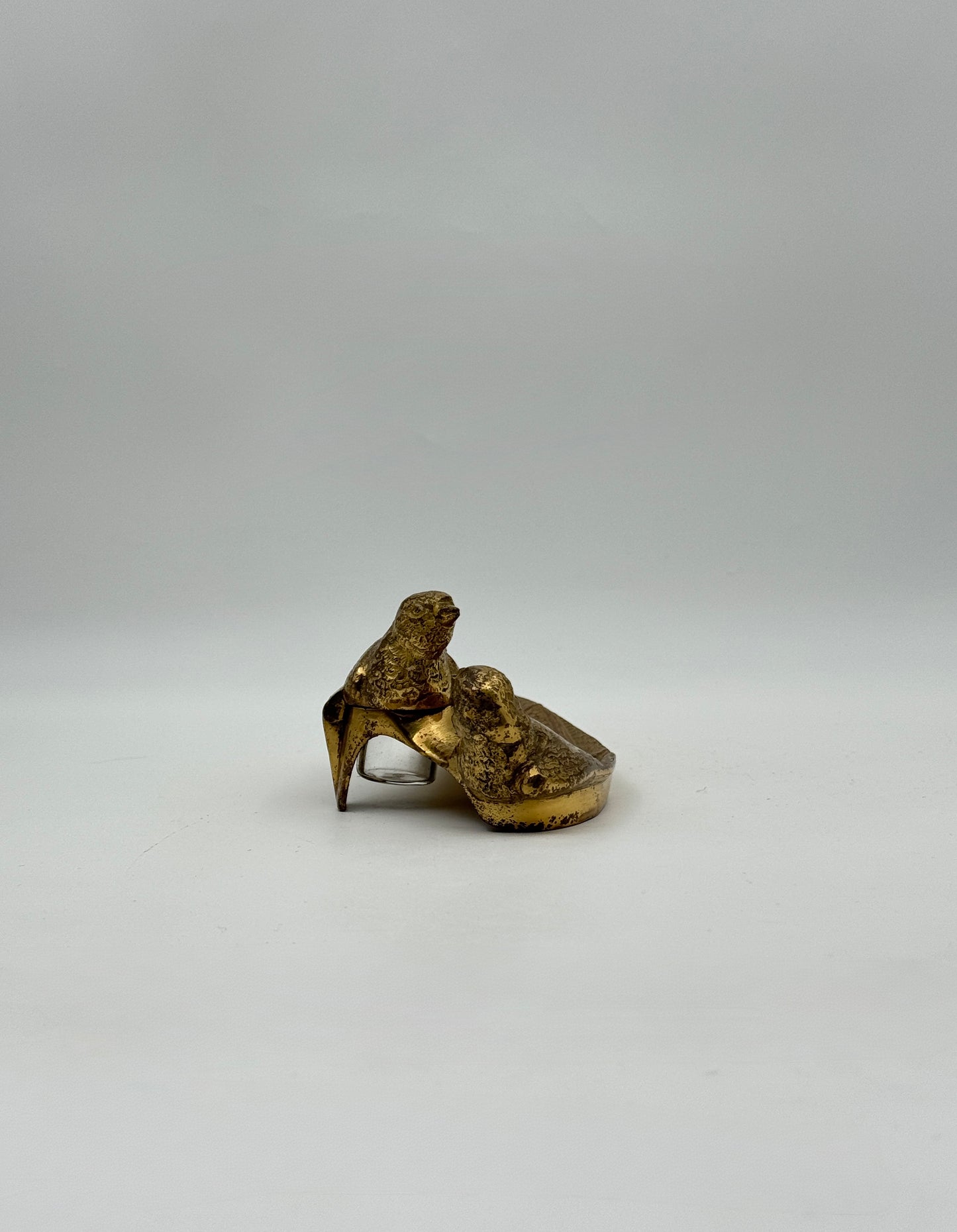 Antique French Art Nouveau Gilt Bronze Inkwell – Pair of Birds on Leaf Base, c.1920s