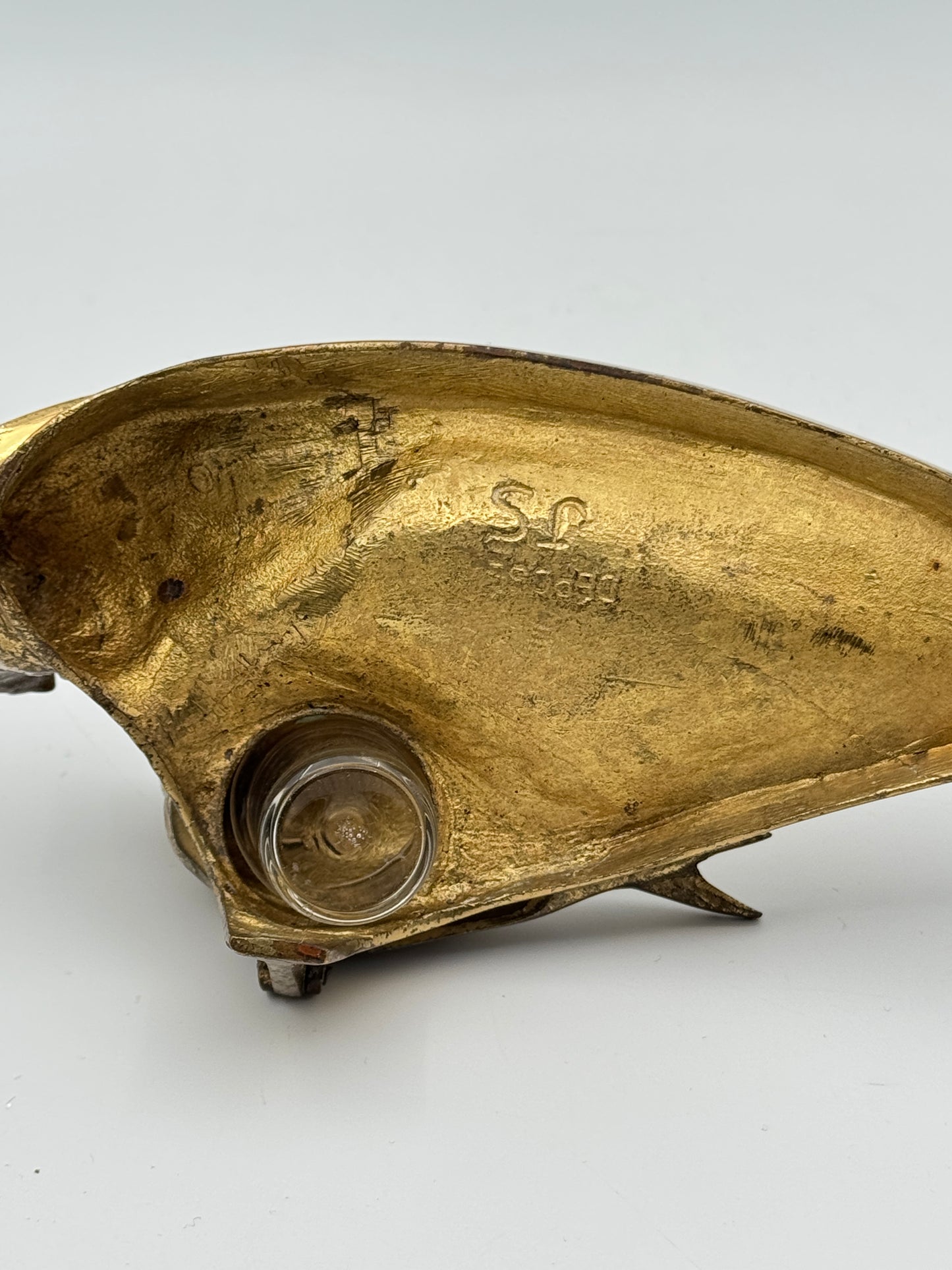 Antique French Art Nouveau Gilt Bronze Inkwell – Pair of Birds on Leaf Base, c.1920s