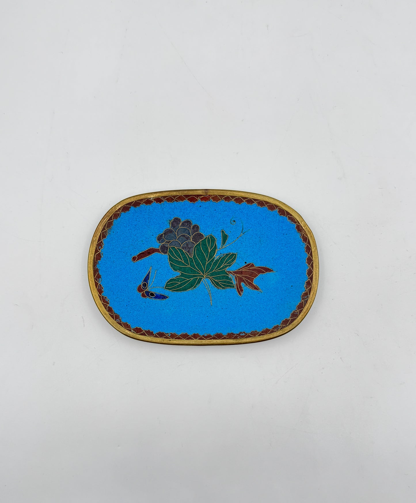 Vintage Chinese Cloisonné Oval Dish – Grapes & Butterfly on Blue