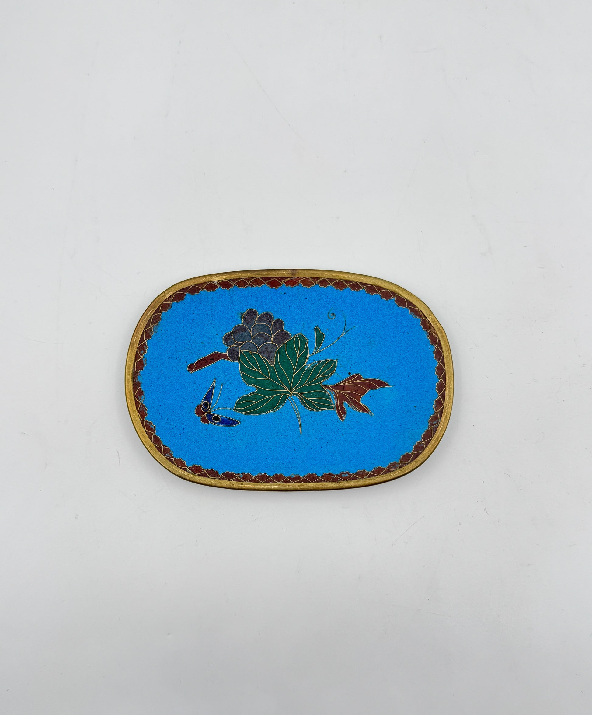 Vintage Chinese Cloisonné Oval Dish – Grapes & Butterfly on Blue