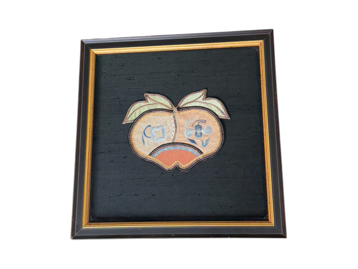 Framed Chinese Silk Embroidery – Double Peach Symbol on Black Silk Background