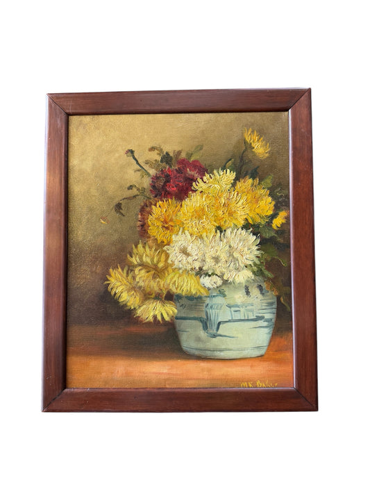 Impressionist Oil Painting on Canvas – Floral Still Life with Chrysanthemums in a Decorative Vase by M.K. Baker