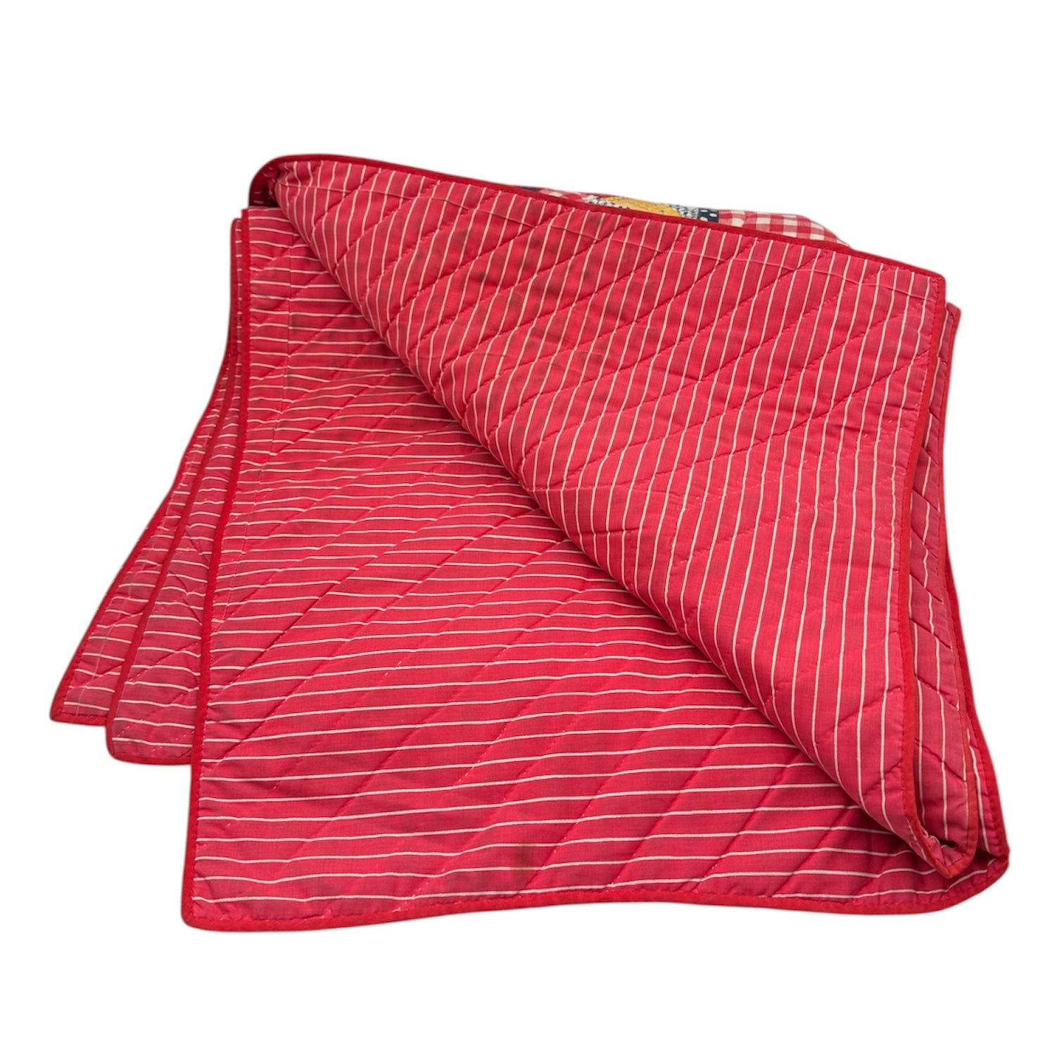 Vintage Patchwork Quilt with Red Ticking Stripe Backing Decor