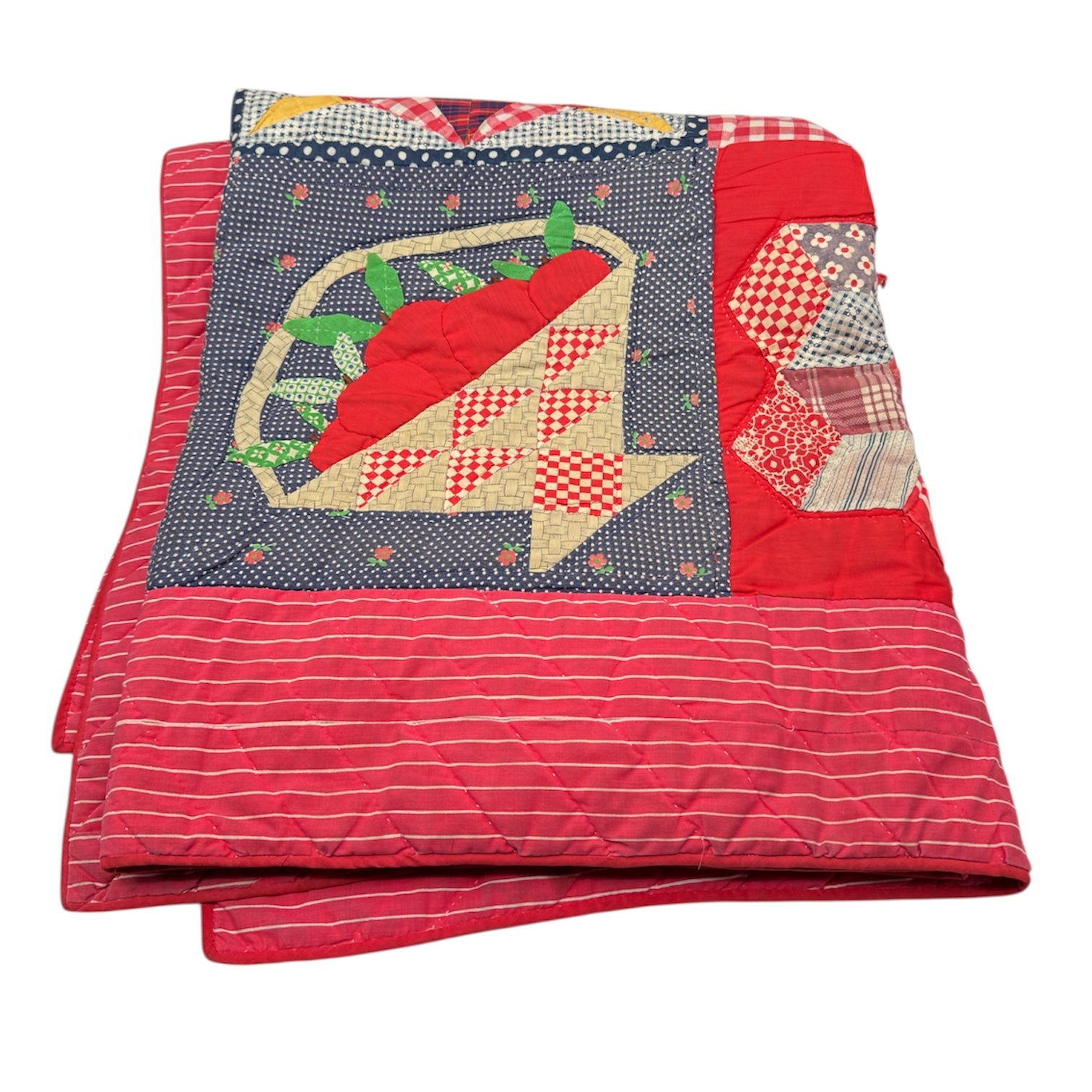 Vintage Patchwork Quilt with Red Ticking Stripe Backing Decor