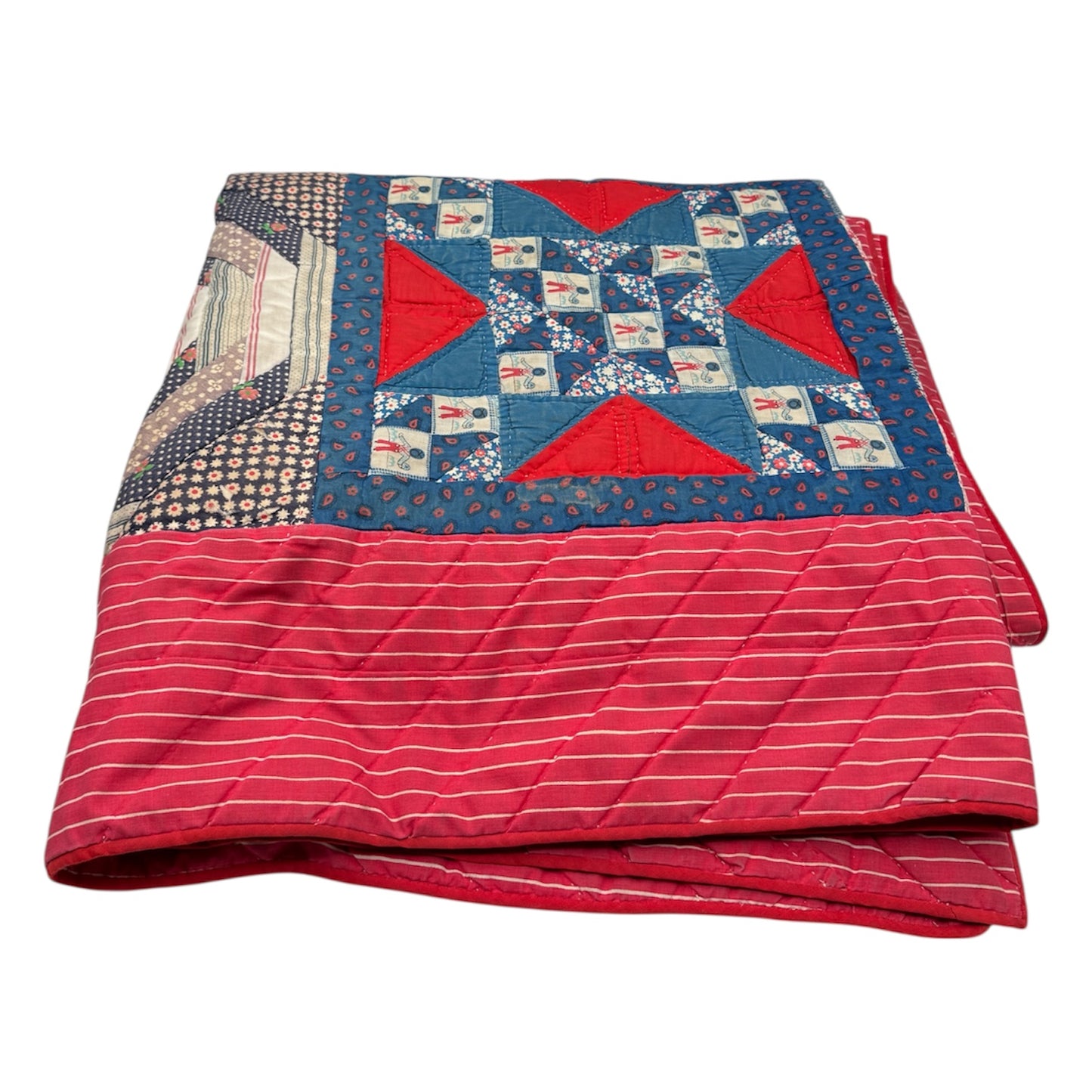 Vintage Patchwork Quilt with Red Ticking Stripe Backing Decor