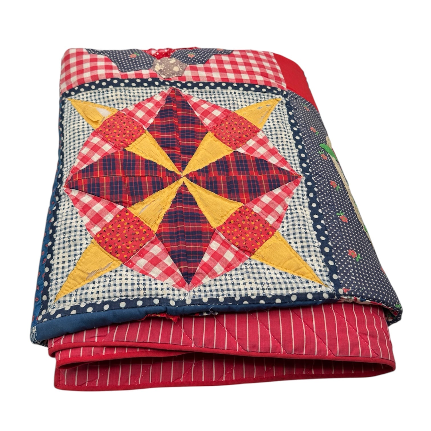 Vintage Patchwork Quilt with Red Ticking Stripe Backing Decor