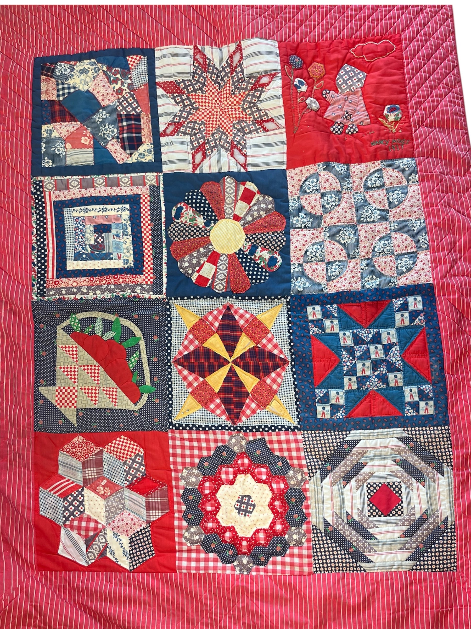 Vintage Patchwork Quilt with Red Ticking Stripe Backing Decor