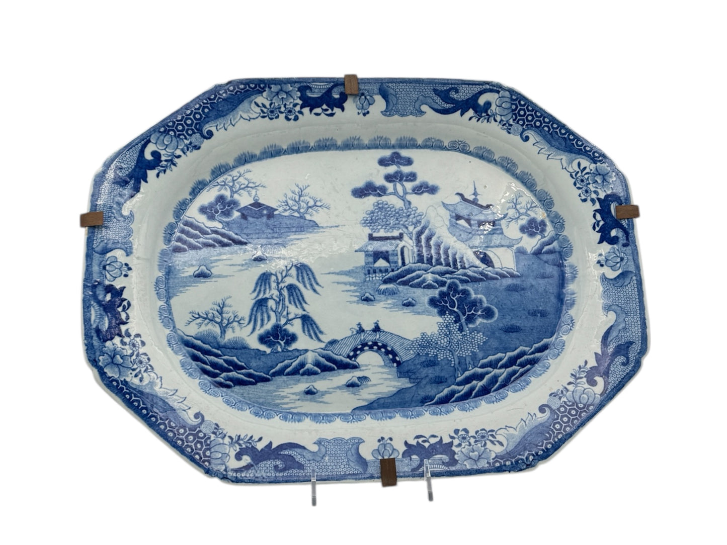 Antique Chinese Export Blue Willow Oval Platter Porcelain Art Decor
