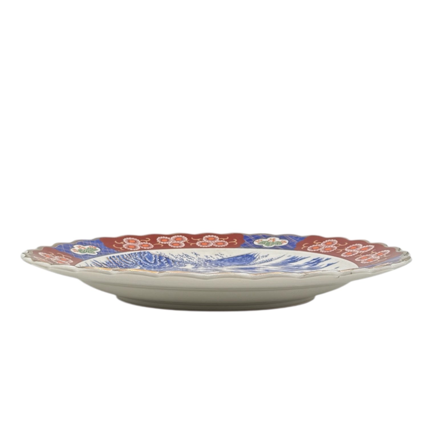 Japanese Imari-Style Scalloped Platter Blue White Red Floral Design