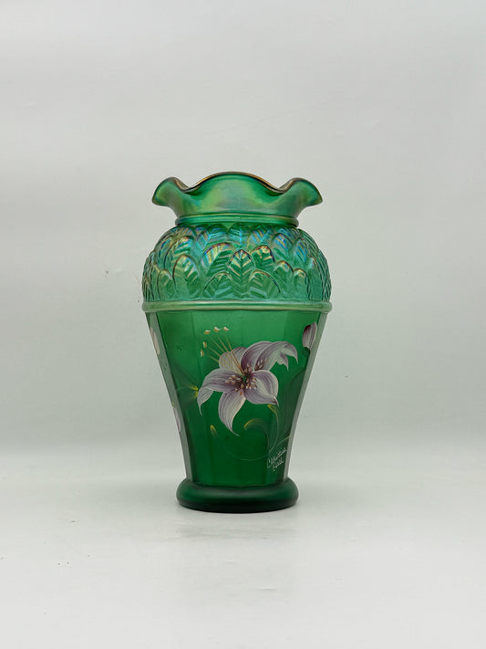 Fenton Handpainted Green Vase By Christina Hall