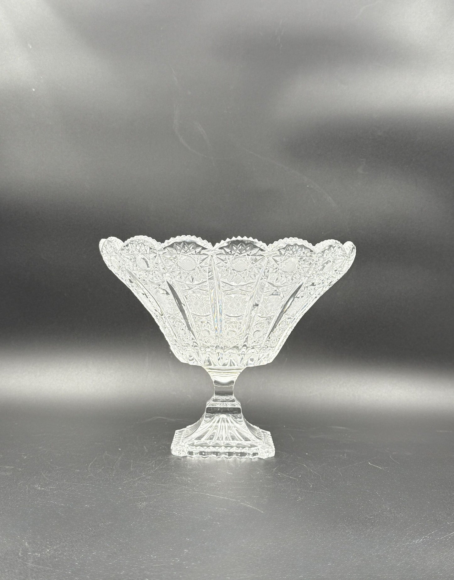 Czech Cut Glass Pedestal Bowl – Scalloped & Starburst Design