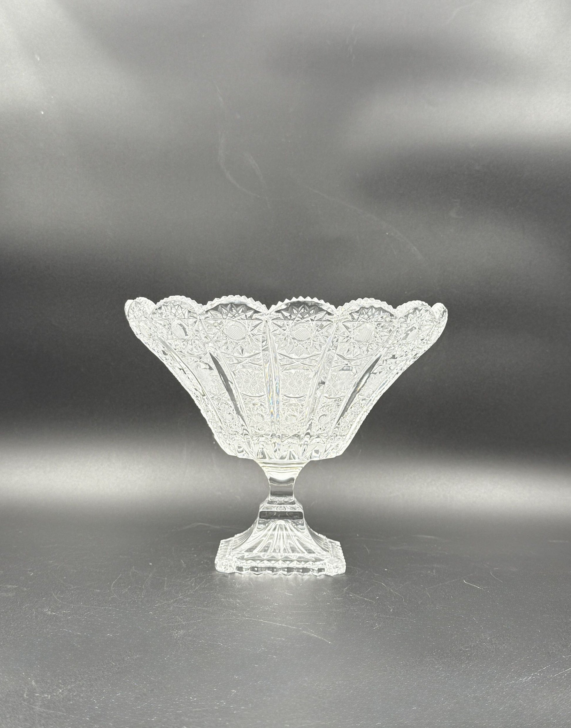 Czech Cut Glass Pedestal Bowl – Scalloped & Starburst Design
