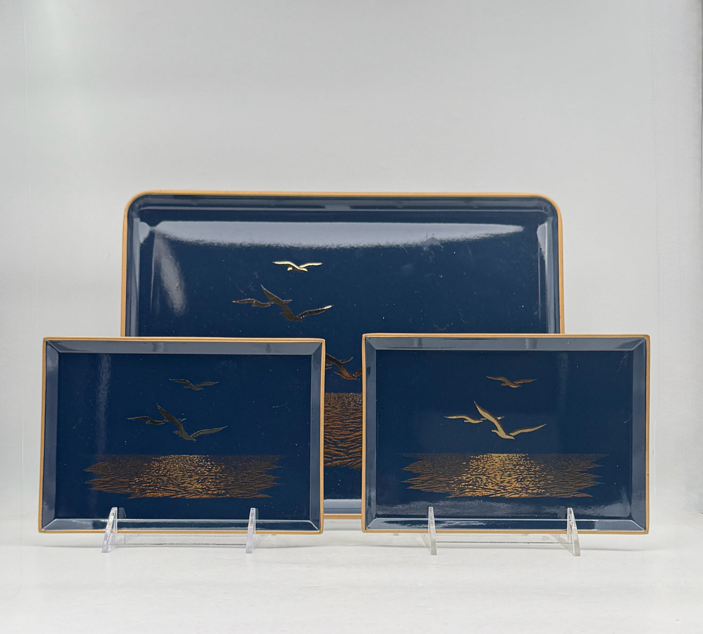 Japanese Navy Blue And Gold Lacquer Trays- Set Of 3