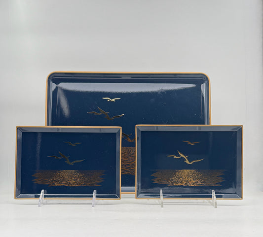 Otagiri Japanese Navy Blue And Gold Lacquer Trays- Set Of 3