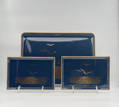 Japanese Navy Blue And Gold Lacquer Trays- Set Of 3