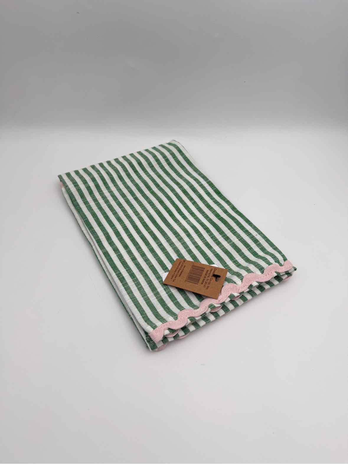 Green Striped Cotton Tea Towel with Pink Ric Rac Trim Kitchen Cloth