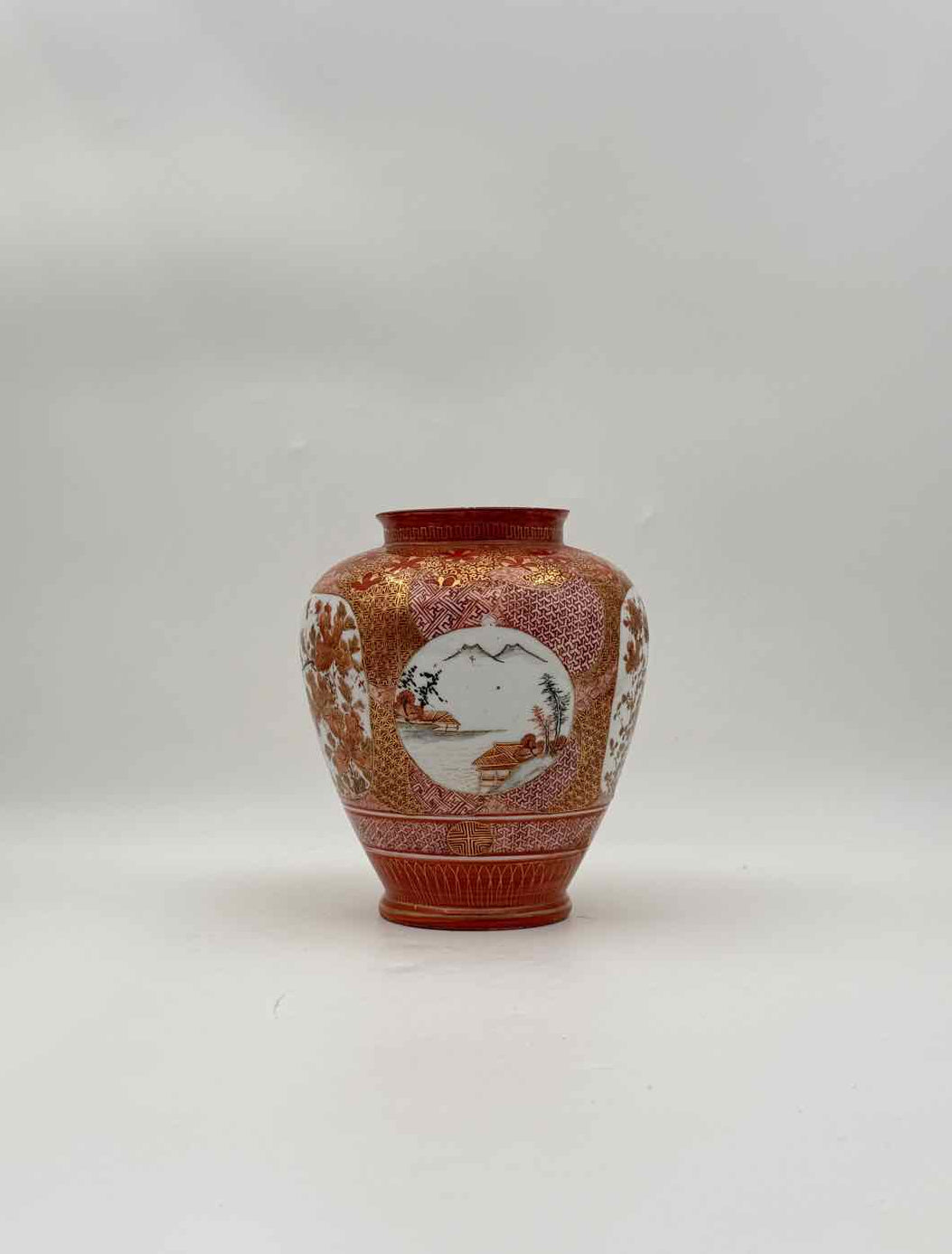 Vintage Chinese Red Gold Gilt Porcelain Vase Floral Landscape Panels