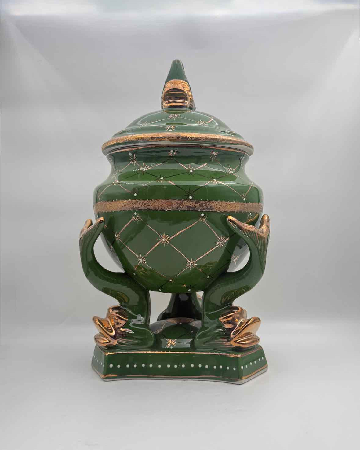 Vintage Green Gold Fish Tureen with Lid Ceramic Serveware