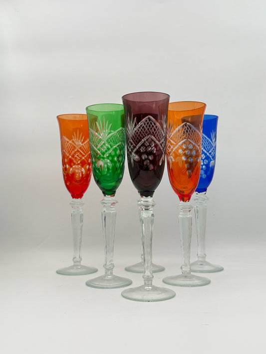 Antique Bohemian Multi-Color Cut To Clear Champagne Flutes- Set Of 6