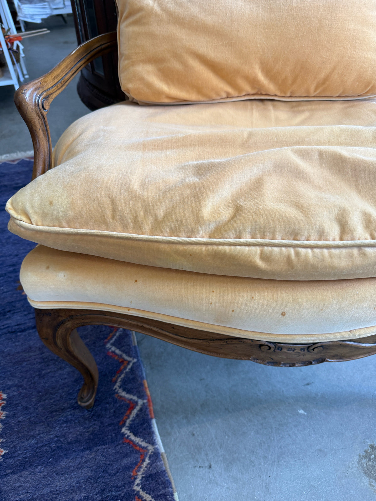French Style Bergere Chair- Gold Velvet Down Filled Cushions- In Store Pickup Only