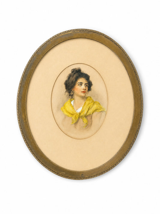Framed Watercolor And Pen Portrait Of A Woman