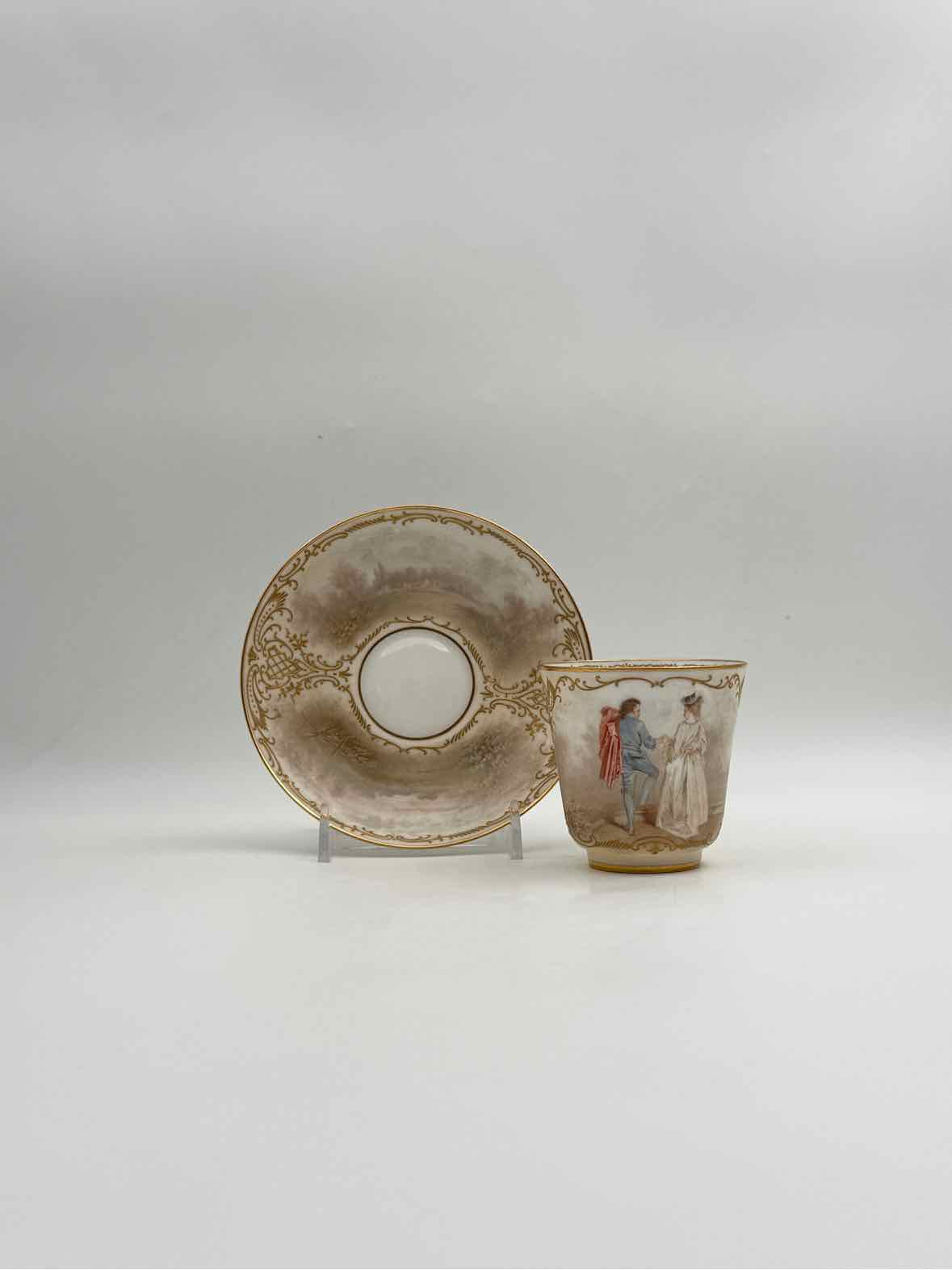 Antique 1900 Sevres Lovers Series Set Of Five Handpainted Teacups And Saucers