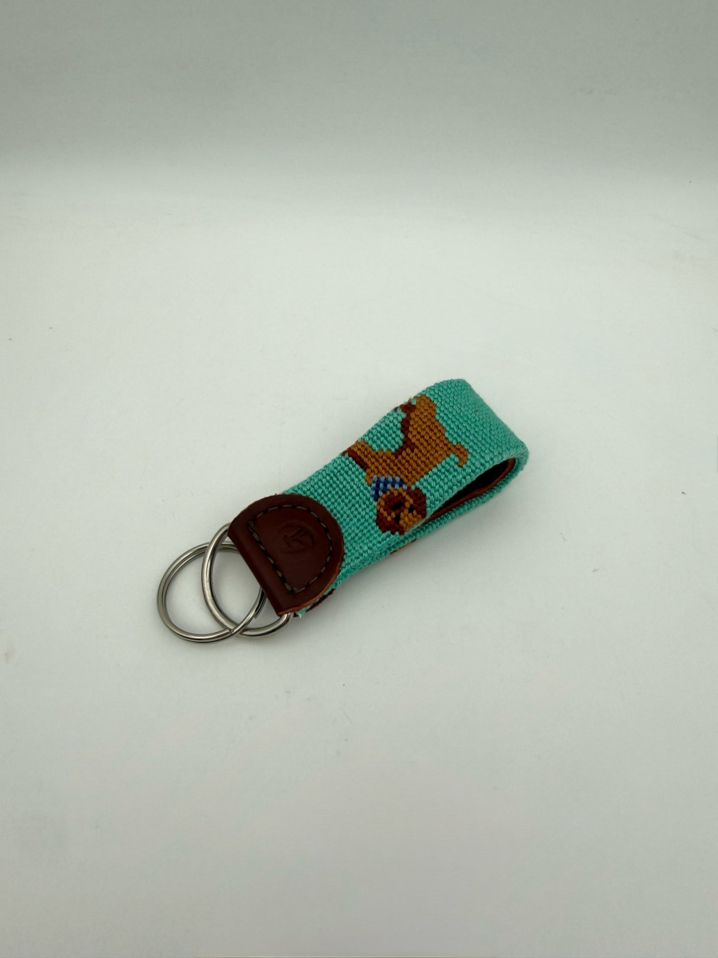 Needlepoint Keychain- Blue With Brown Dog