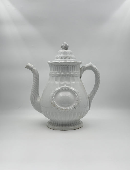 Antique White Ironstone Coffee Pot with Lid – Wreath and Star Relief Design