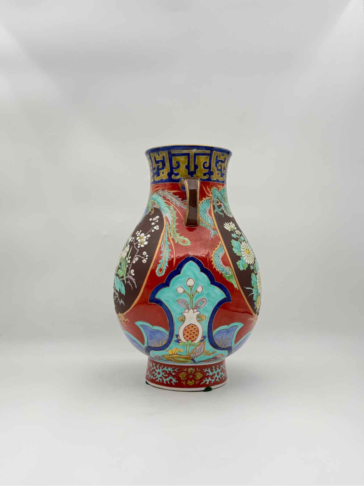 Antique Japanese Satsuma Vase with Dragon & Phoenix, Window Design