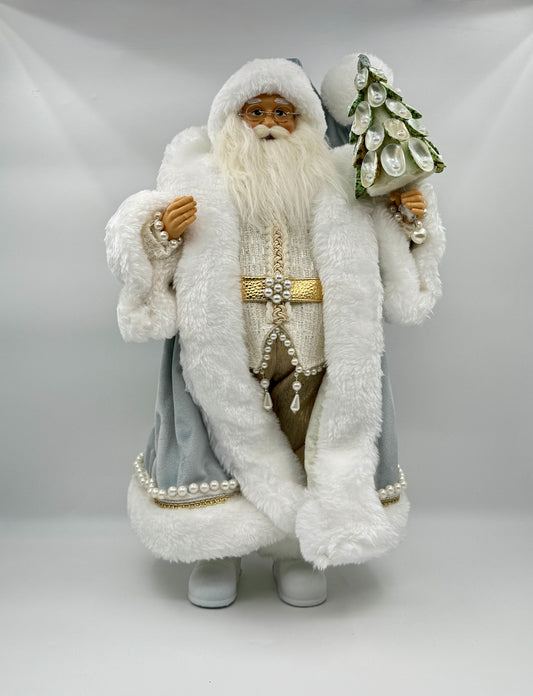 18" Seaside Santa – Blue Velvet & Pearl Trim Figurine