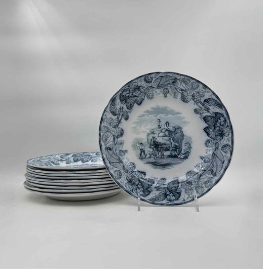 1860 Copeland "Hops" Blue Transferware Set Of 10 Dinner Plates