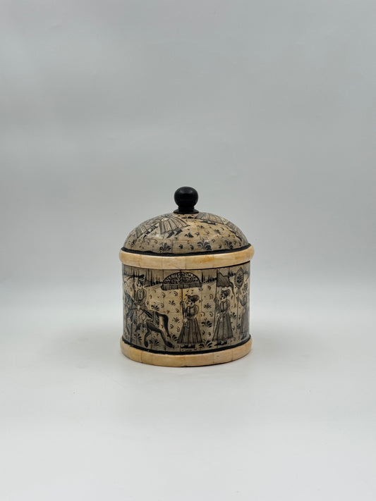 Hand-Painted Bone Betel Box – Round with Procession Scene