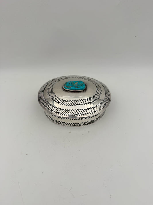 Silver Tone Oval Box With Turquoise Stone