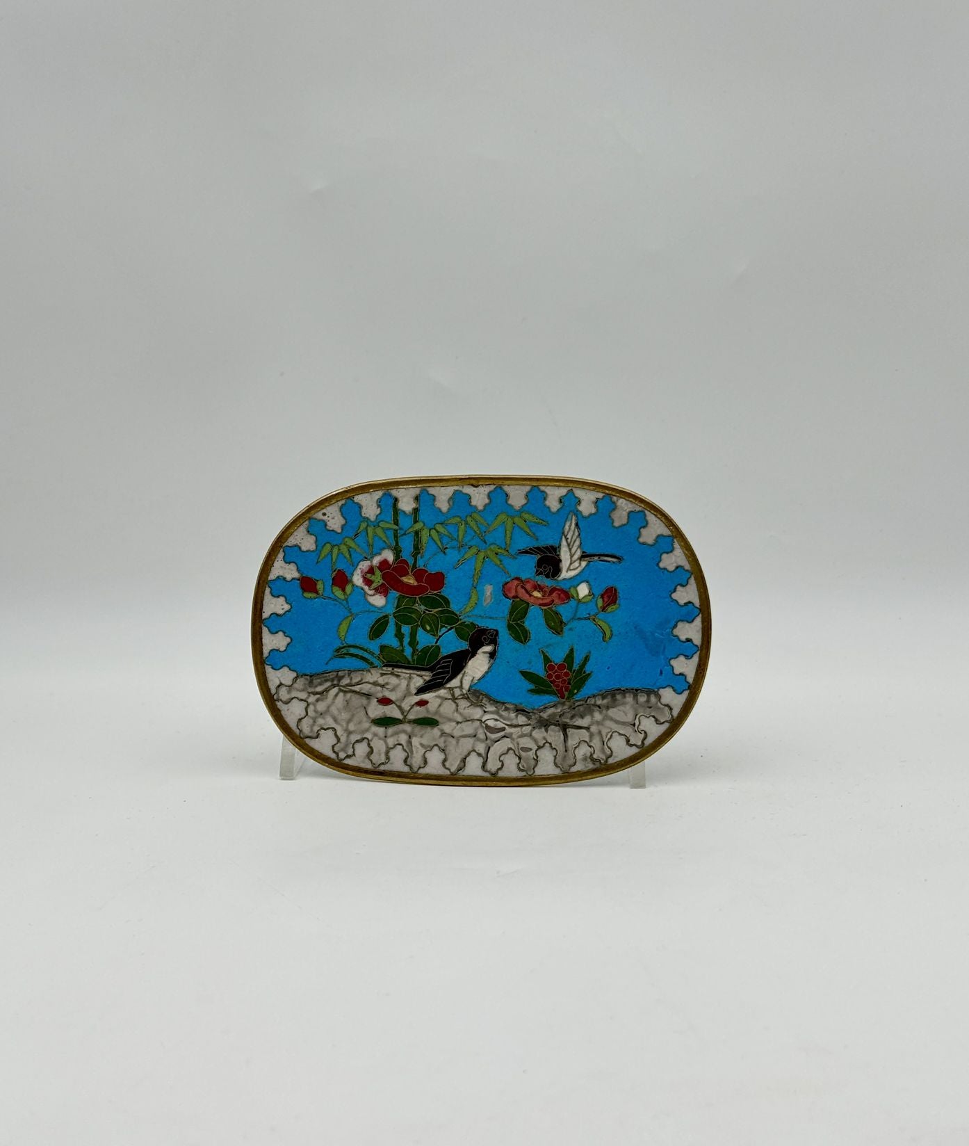 Vintage Chinese Cloisonné Oval Dish – Birds & Blossoms on Sky Blue