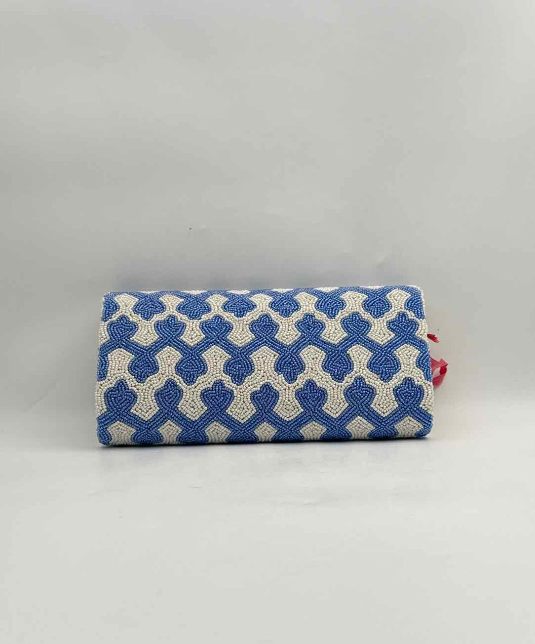 Hand Beaded Blue White Geometric Clutch Purse Chain Strap Evening Bag