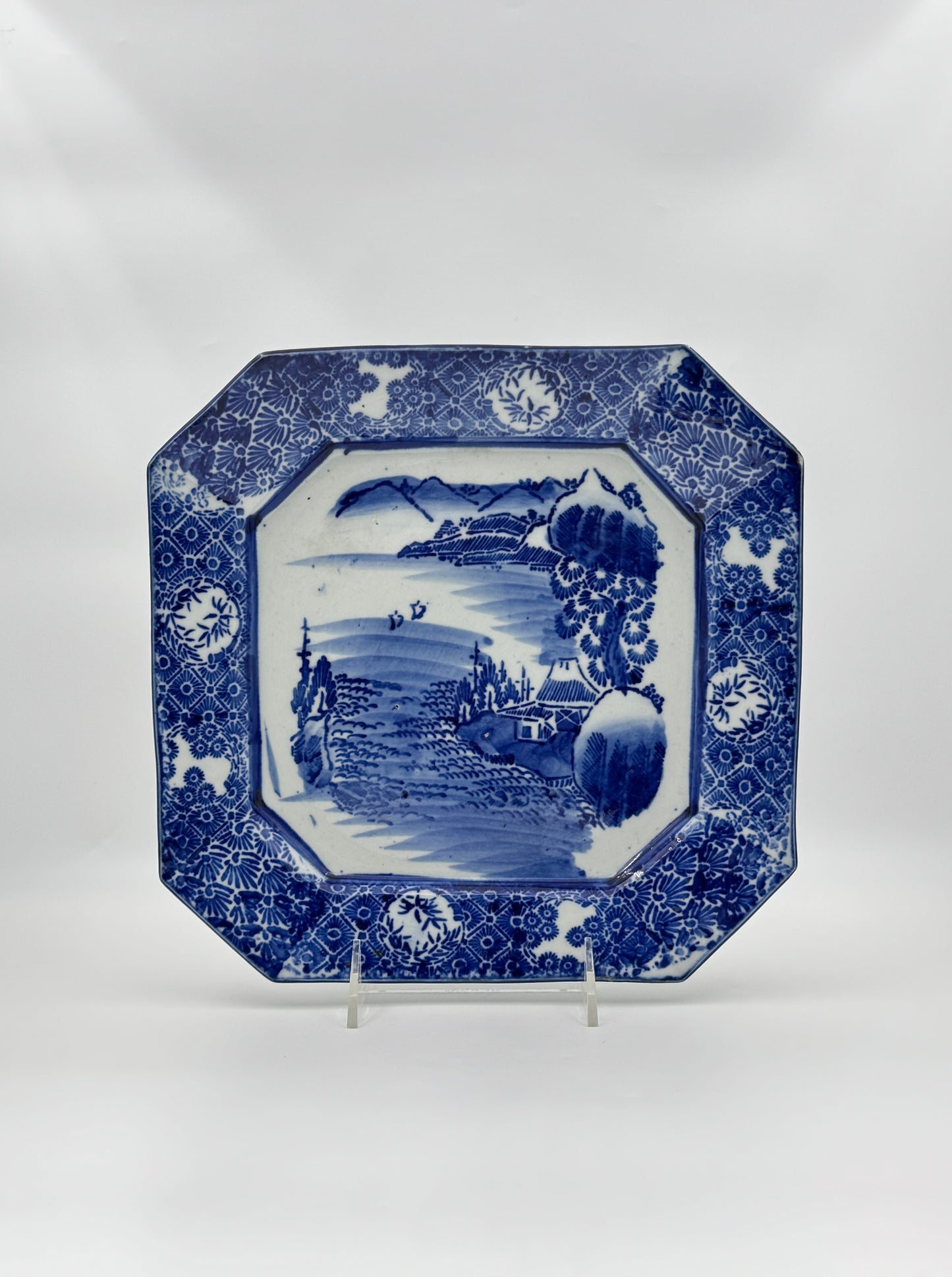 Chinese Blue & White Octagonal Platter – Landscape Scene